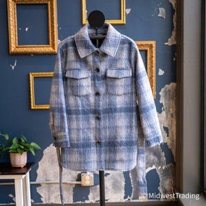 Tahari Women's Blue and White Wool Belted Wrap Coat